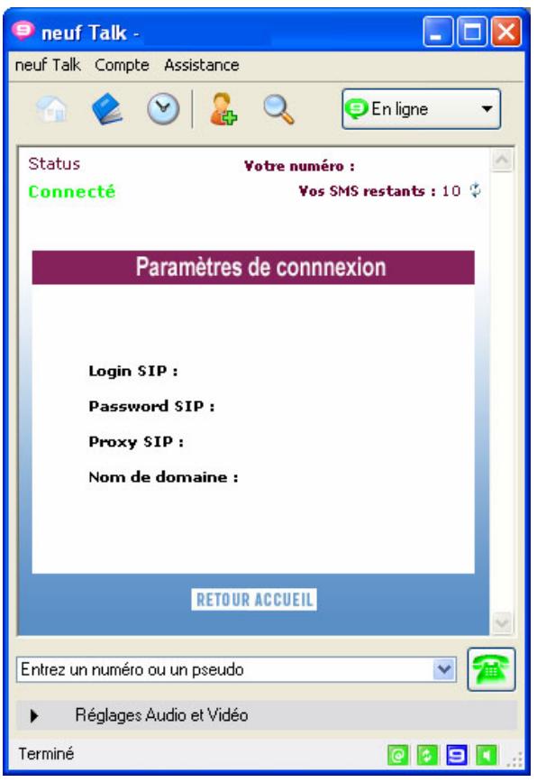 NEUF TELECOM NEUF TALK - Affichage des paramètres de connexion SIP - 2