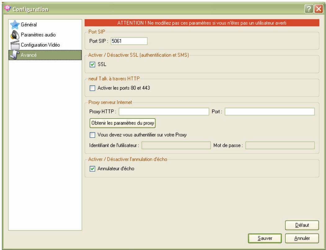 NEUF TELECOM NEUF TALK - Configurer le logiciel : Rubrique « Avancé » - 2