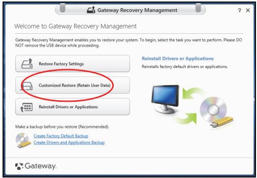 GATEWAY NE51B - Click Customized Restore (Retain User Data). - 1