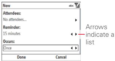 PALMONE TREO 500V - Selecting options in a list - 1