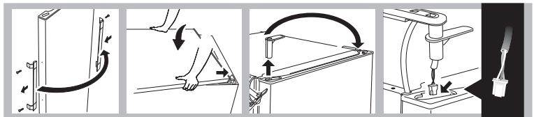 Technical diagram illustrating mechanical assembly steps with labeled arrows and directional arrows indicating motion or movement.