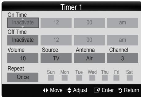 Timer 1 On Time Inactivate 12 00 am Off Time Inactivate 12 00 am Volume Source Antenna Channel 10 TV Air 3 Repeat Once Sun Mon Tue Wed Thu Fri Sat Move Adjust Enter Return