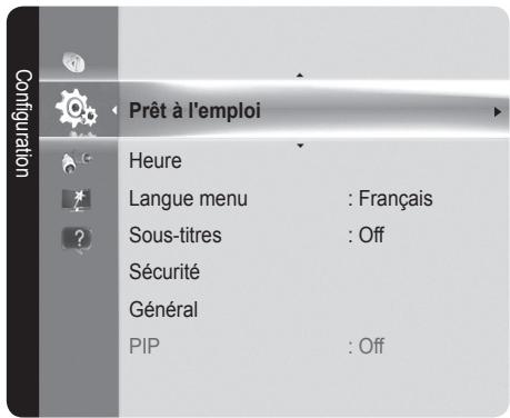 Configuration Prêt à l'emploi Heure Langue menu : Français Sous-titres : Off Sécurité Général PIP : Off