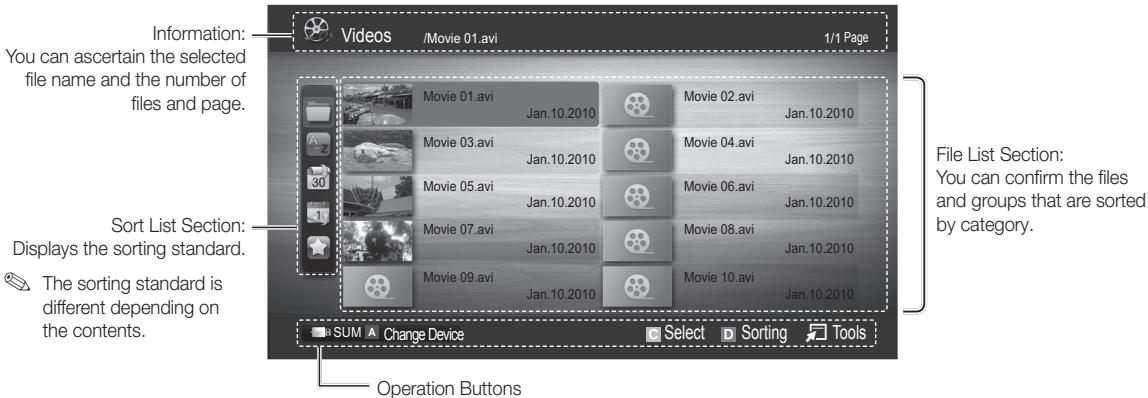 Videos /Movie 01.avi 1/1 Page Information: You can ascertain the selected file name and the number of files and page. Sort List Section: Displays the sorting standard. The sorting standard is different depending on the contents. SUM Change Device Select Sorting Tools Operation Buttons File List Section: You can confirm the files and groups that are sorted by category.