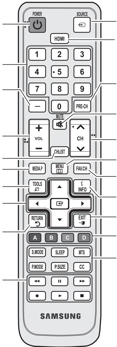POWER SOURCE HDMI 1 2 3 4 · 5 6 7 8 9 - 0 PRE-CH MUTE VOL CH CHLIST MEDIA.P MENU FAV.CH TOOLS i INFO RETURN EXIT A B C D S.MODE SLEEP MTS P.MODE P.SIZE CC ← II ►► ● ► ■ SAMSUNG