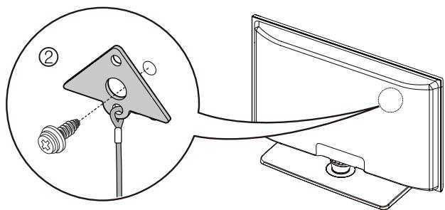 Technical diagram showing a mechanical clamp and its application to a computer monitor, with numbered annotations.