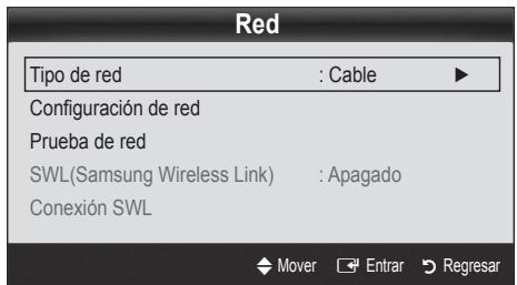 SAMSUNG PN63C7000YF - Configuración automáticaaaa4b73fe2ebf049f.jpg)
Utilisation des touches de couleur dans le mode Port d'attache.
- Rouge (Supprimer): Supprime l'objet fenêtre.
Les objets fenêtre suprimés peuvent être recupérés à partir de l'option Widget Gallery.
- Bleu (Dépl.): Pour déplacer les entrefilts.
Jaune (Done): Quitte le menu Éditer les extraits.
Conecte el teovisor a la red LAN, tal como se indica en la seccion anterior.
Encienda el televisor, pulse el botón MENU del mando a distancia, utilise los botones o para selecciónar Configuración y, a continuación, pulse el botón ENTER
Utilice los botones o para selectionar Red en el menu Configuracion y, a continuacion, pulse el boton ENTER Aparece la pantalla de la red. - 1