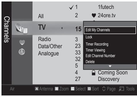 All 2 1futech ♥ 24ore.tv TV 15 Edit My Channels Radio 3 Lock Timer Recording Data/Other 23 Timer Viewing Analogue 33 Edit Channel Number 32 Delete 5 4 Coming Soon Discovery Air Antenna Zoom Select Sort Page Tools