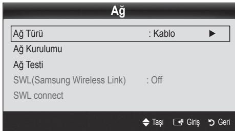 Ağ Ağ Türü : Kablo ▶ Ağ Kurulumu Ağ Testi SWL(Samsung Wireless Link) : Off SWL connect Taşı Giriş Geri