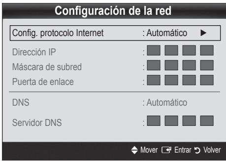 Configuración de la red Config. protocolo Internet : Automático ▶ Dirección IP : Máscara de subred : Puerta de enlace : DNS : Automático Servidor DNS : Mover Enrar Volver