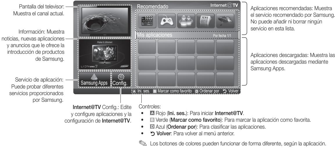 Pantalla del televisor: Muestra el canal actual. Información: Muestra noticias, nuevas aplicaciones y anuncios que le ofrece la introducción de productos de Samsung. Servicio de aplicación: Puede probar diferentes servicios proporcionados por Samsung. Internet@TV Config.: Edite y configure aplicaciones y la configuración de Internet@TV. Recomendado Internet@TV Mis aplicaciones Por fecha 1/1 Aplicaciones recomendadas: Muestra el servicio recomendado por Samsung. No puede añadir ni borrar ningún servicio en esta lista. Aplicaciones descargadas: Muestra las aplicaciones descargadas mediante Samsung Apps. Controles: • Rojo (Ini. ses.): Para iniciar Internet@TV. • Verde (Marcar como favorito): Para marcar la aplicación como favorita. • Azul (Ordenar por): Para clasificar las aplicaciones. • Volver: Para volver al menú anterior. Los botones de colores pueden funcionar de forma diferente, según la aplicación.