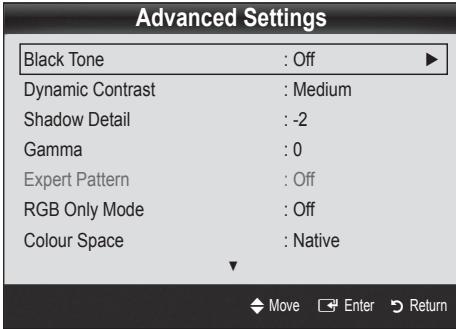 Advanced Settings Black Tone : Off Dynamic Contrast : Medium Shadow Detail : -2 Gamma : 0 Expert Pattern : Off RGB Only Mode : Off Colour Space : Native Move Enter Return