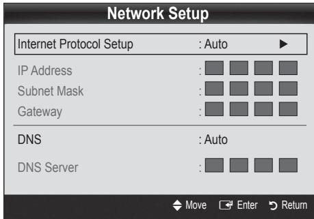 Network Setup Internet Protocol Setup : Auto ► IP Address : Subnet Mask : Gateway : DNS : Auto DNS Server : Move Enter Return
