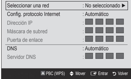 Seleccionar una red : No seleccionado ▶ Config. protocolo Internet : Automático Dirección IP : Máscara de subred : Puerta de enlace : DNS : Automático Servidor DNS : PBC (WPS) Mover Entrar Volver