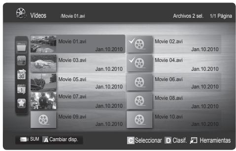 Videos /Movie 01.avi Archivos 2 sel. 1/1 Página Movie 01.avi Jan.10.2010 Movie 02.avi Jan.10.2010 Movie 03.avi Jan.10.2010 Movie 04.avi Jan.10.2010 Movie 05.avi Jan.10.2010 Movie 06.avi Jan.10.2010 Movie 07.avi Jan.10.2010 Movie 08.avi Jan.10.2010 Movie 09.avi Jan.10.2010 Movie 10.avi Jan.10.2010 SUM Cambiar disp. Selectionar D Clasif. Herramientas