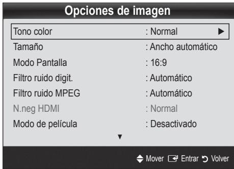 Opciones de imagen Tono color : Normal ▶ Tamaño : Ancho automático Modo Pantalla : 16:9 Filtro ruido digit. : Automático Filtro ruido MPEG : Automático N.neg HDMI : Normal Modo de película : Desactivado Mover Enrar Volver