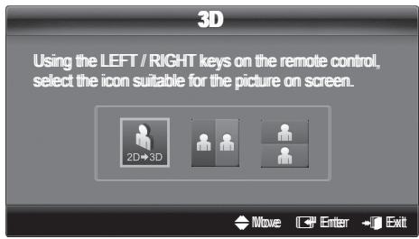 3D Using the LEFT / RIGHT keys on the remote control, select the icon suitable for the picture on screen. 2D→3D Move Enter Exit