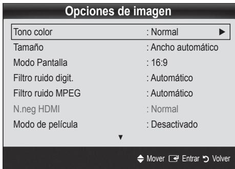 Opciones de imagen Tono color : Normal ▶ Tamaño : Ancho automático Modo Pantalla : 16:9 Filtro ruido digit. : Automático Filtro ruido MPEG : Automático N.neg HDMI : Normal Modo de película : Desactivado Mover Entrar Volver