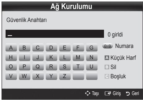 Ağ Kurulumu Güvenlik Anahtarı 0 girldi A B C D E F G Numara A Küçük Harf B Sil C Boşluk Taşı Giriş Geri