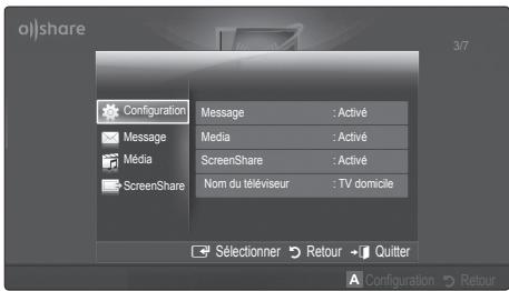 o|share Configuration Message : Activé Media : Activé ScreenShare : Activé Nom du téléviseur : TV domicile Sélectionner Retour Quitter Configuration Retour