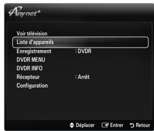 Voir télévision Liste d'appareils Enregistrement : DVDR DVDR MENU DVDR INFO Récepteur : Arrêt Configuration Déplacer Entrer Retour