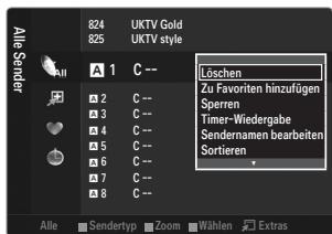 Allle Sender 824 UKTV Gold 825 UKTV style A 1 C -- Löschen □ 2 C -- Zu Favoriten hinzufügen □ 3 C -- Sperren □ 4 C -- Timer-Wiedergabe □ 5 C -- Sendernamen bearbeiten □ 6 C -- Sortieren □ 7 C -- □ 8 C -- Alle Sendertyp Zoom Wählen Extras
