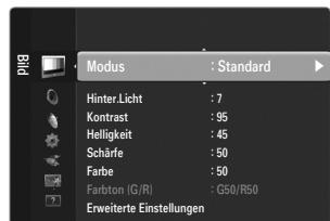 Modus : Standard Hinter.Licht : 7 Kontrast : 95 Helligkeit : 45 Schärfe : 50 Farbe : 50 Farbton (G/R1) : G50/R50 Erweiterte Einstellungen