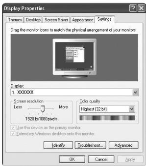 Display Properties Themes Desktop Screen Save Appearance Settings Drag the monitor icons to match the physical arrangement of your monitors. Display: 1. XXXXXX Screen resolution More Less 1520 by/1000 pixels Color quality Highest (32 bit) Use this device as the primary monitor. Extend my Windows des…