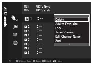 All Channels 824 UKTV Gold 825 UKTV style A 1 C -- □ 2 C -- □ 3 C -- □ 4 C -- □ 5 C -- □ 6 C -- □ 7 C -- □ 8 C -- All Channel Type Zoom Select Tools Delete Add to Favourite Lock Timer Viewing Edit Channel Name Sort