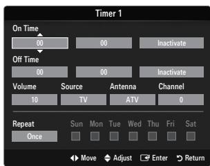 Timer 1 On Time 00 00 Inactivate Off Time 00 00 Inactivate Volume Source Antenna Channel 10 TV ATV 0 Repeat Once Sun Mon Tue Wed Thu Fri Sat Move Adjust Enter Return