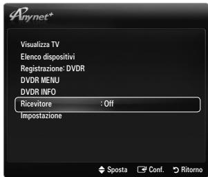 Anynet+ Visualizza TV Elenco dispositivi Registrazione: DVDR DVDR MENU DVDR INFO Ricevitore : Off Impostazione ◆ Sposta ✓ Conf. ▶ Ritorno