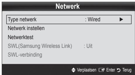 Netwerk Type netwerk : Wired ▶ Netwerk instellen Netwerktest SWL(Samsung Wireless Link) : Uit SWL-verbinding Verplaatsen Enter Terug