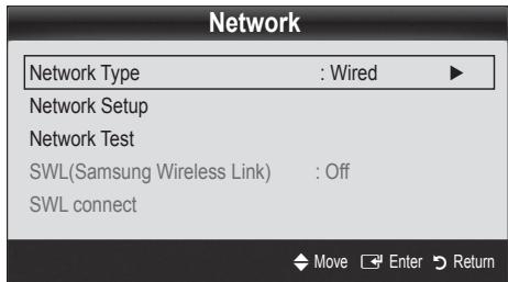 Network Network Type : Wired ▶ Network Setup Network Test SWL(Samsung Wireless Link) : Off SWL connect Move Enter Return