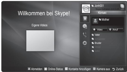 Willkommen bei Skype! Eigene Videos Jonh001 Skype-Guthaben 2,03 EUR Kontakt Mother Video Anruf Vater Schwester Bruder Onkel Sohn Abmelden Online-Status Kontakte hinzufügen Kamera aus Zurück