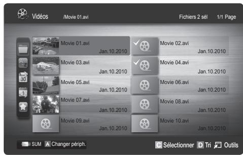 Vidéos /Movie 01.avi Fichiers 2 sèl 1/1 Page Movie 01.avi Jan.10.2010 Movie 02.avi Jan.10.2010 Movie 03.avi Jan.10.2010 Movie 04.avi Jan.10.2010 Movie 05.avi Jan.10.2010 Movie 06.avi Jan.10.2010 Movie 07.avi Jan.10.2010 Movie 08.avi Jan.10.2010 Movie 09.avi Jan.10.2010 Movie 10.avi Jan.10.2010 SUM A Changer périph. Sélectionner D Tri Outils