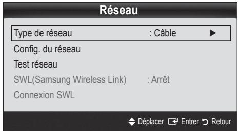 Réseau Type de réseau : Câble ▶ Config. du réseau Test réseau SWL(Samsung Wireless Link) : Arrêt Connexion SWL Déplacer Entrer Retour