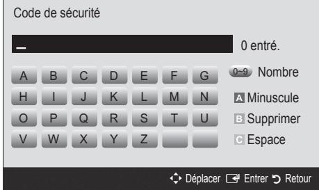 Code de sécurité 0 entré. A B C D E F G H I J K L M N O P Q R S T U V W X Y Z 0-9 Nombre A Minuscule B Supprimer C Espace Déplacer Entrer Retour