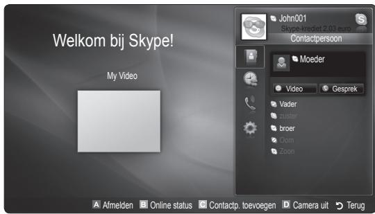 Welkom bij Skype! My Video John001 Skype-krediet 2.03 euro Contactpersoon Moeder Video Gesprek Vader zuster broer Oom Zoon Afmelden Online status Contactp. toevoegen Camera uit Terug