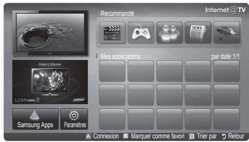 Recommandé Internet@TV Mes applications par date 1/1 Samsung Apps Paramètres A Connexion ■ Marquer comme favori D Trier par ➤ Retour