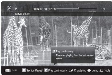 00:04:03 / 00:07:38 Movie 01.avi Play continuously Resumes playing from the last viewed scene. SUM Section Repeat Play continuously Chaptering Jump Tools