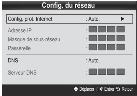Config. du réseau Config. prot. Internet : Auto. Adresse IP : Masque de sous-réseau : Passerelle : DNS : Auto. Serveur DNS :