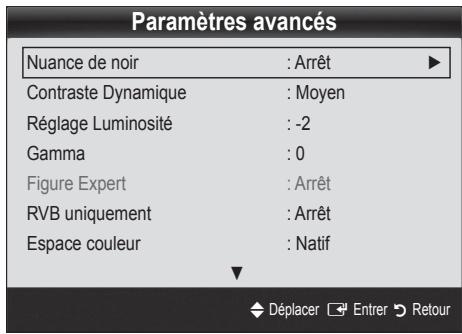 Paramètres avancés Nuance de noir : Arrêt Contraste Dynamique : Moyen Réglage Luminosité : -2 Gamma : 0 Figure Expert : Arrêt RVB uniquement : Arrêt Espace couleur : Natif Déplacer Entrer Retour