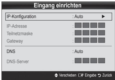 Eingang einrichten IP-Konfiguration : Auto ► IP-Adresse : Teilnetzmaske : Gateway : DNS : Auto DNS-Server : Verschieben Eingabe Zurück