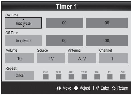 Timer 1 On Time Inactivate 00 00 Off Time Inactivate 00 00 Volume 10 Source TV Antenna ATV Channel 1 Repeat Once Sun Mon Tue Wed Thu Fri Sat Move Adjust Enter Return