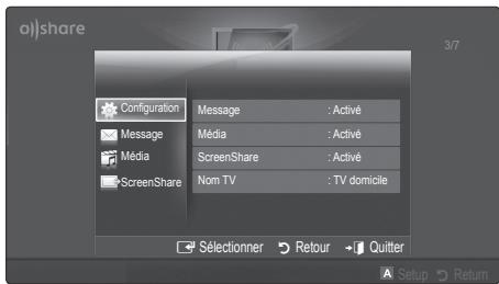o)share Configuration Message : Activé Message : Activé Média : Activé Media : Activé ScreenShare : Activé Nom TV : TV domicile Sélectionner Retour Quitter Setup Return