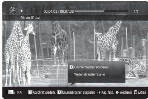00:04:03 / 00:07:38 Movie 01.avi D Ununterbrochen abspielen Weiter ab letzter Szene SUM B Abschnitt wiedern. D Ununterbrochen abspielen Kapi festl. Wechseln Extras