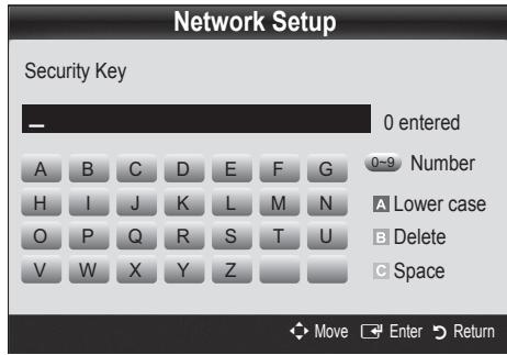 Network Setup Security Key — 0 entered A B C D E F G H I J K L M N O P Q R S T U V W X Y Z 0-9 Number A Lower case B Delete C Space Move Enter Return