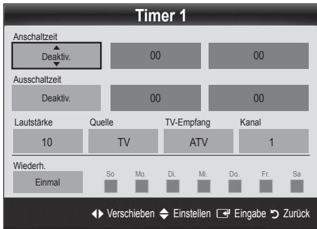 Timer 1 Anschaltzeit Deaktiv. 00 00 Ausschaltzeit Deaktiv. 00 00 Lautstärke Quelle TV-Empfang Kanal 10 TV ATV 1 Wiederh. Einmal So Mo. Di. Mi. Do. Fr. Sa Verschieben Einstellen Eingabe Zurück