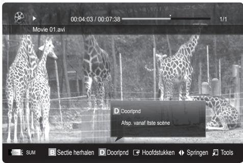 00:04:03 / 00:07:38 Movie 01.avi Doorplnd Afsp. vanaf liste scène SUM Sectie herhalen Doorplnd Hoofdstukken Springen Tools