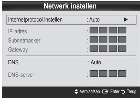 Netwerk instellen Internetprotocol instellen : Auto ► IP-adres : Subnetmasker : Gateway : DNS : Auto DNS-server :